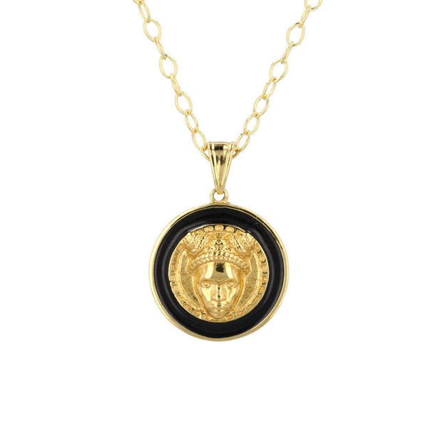 Reava Coin Necklace with Black Enamel in 14K Gold