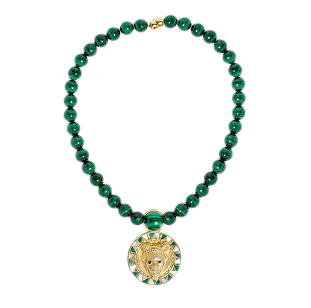Reava Pendant with Mother of Pearl + Malachite in 14K Gold