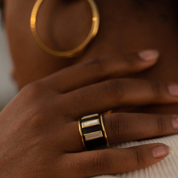 Adore Adorn Ring Gigi Black Enamel Banded Pearl RIng