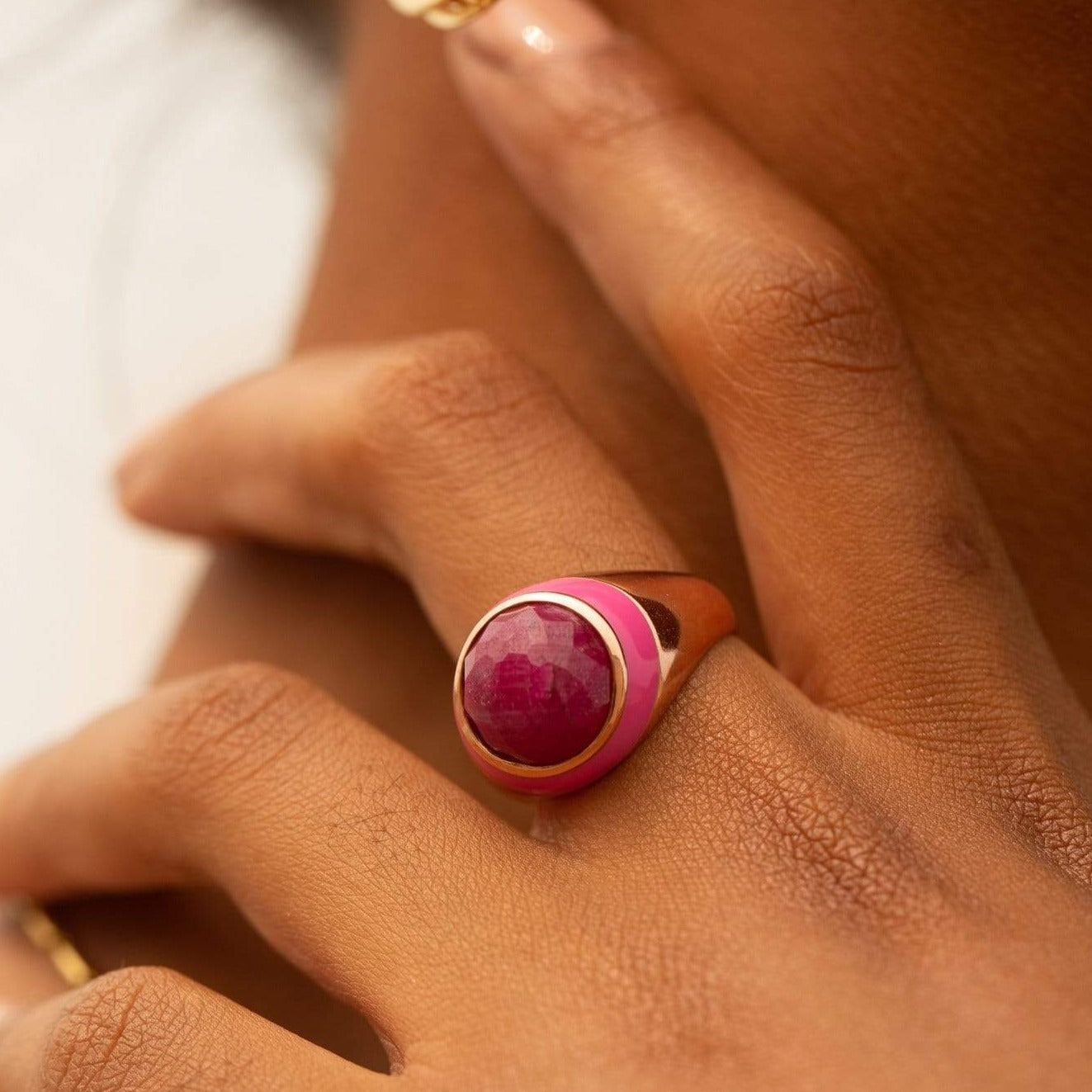 Adore Adorn Ring Rouge Enamel Ring with Cabochon Opaque Ruby in Rose Gold