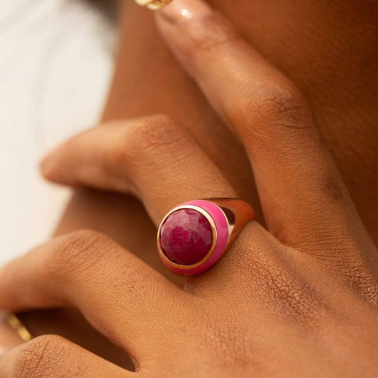 Adore Adorn Ring Rouge Enamel Ring with Cabochon Opaque Ruby in Rose Gold