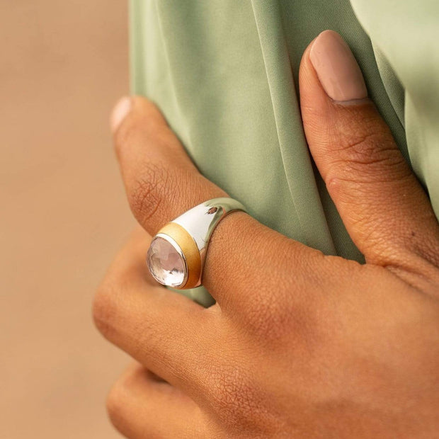 Adore Adorn Ring Thank You Enamel Ring with Cabochon Amethyst in White Rhodium