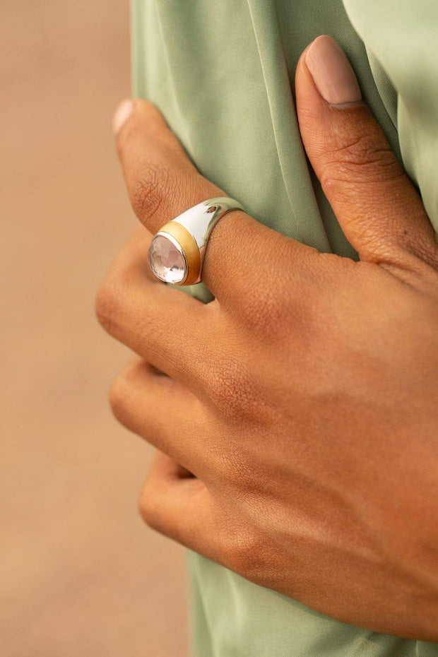 Adore Adorn Ring Thank You Enamel Ring with Cabochon Amethyst in White Rhodium