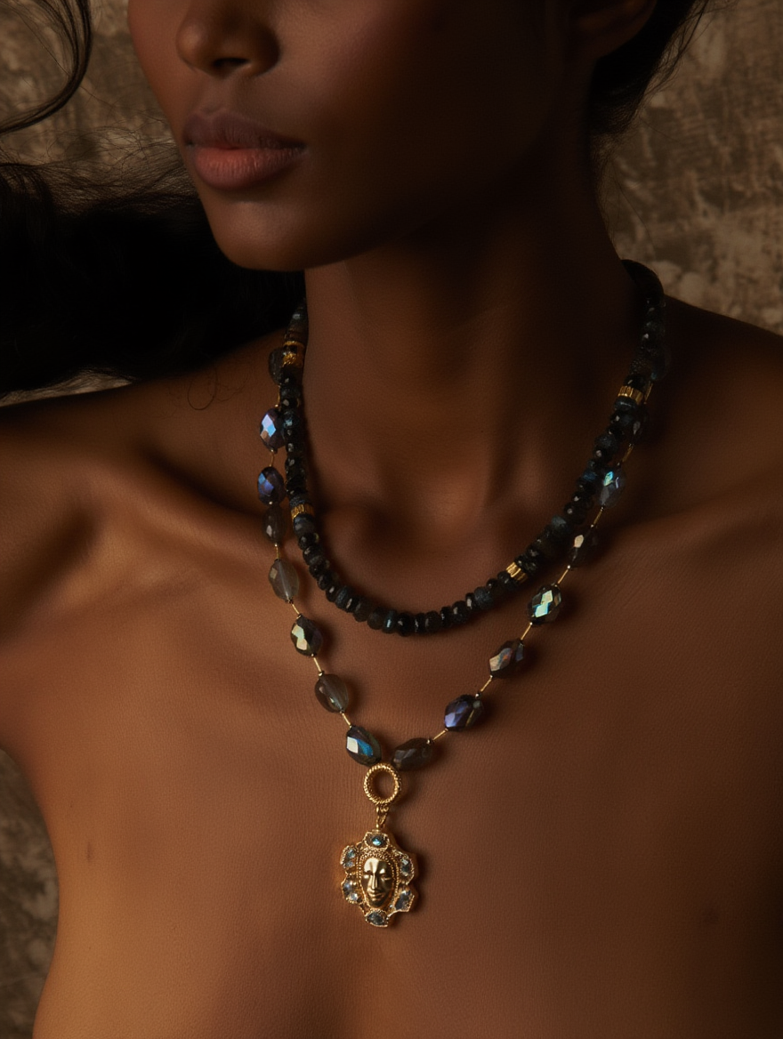 The Matriarch Stack, worn — labradorite layered pendants